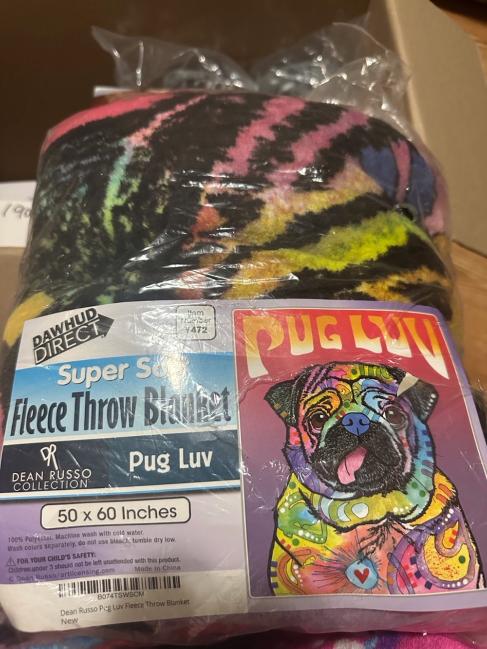 Pug Luv Super Soft Fleece Throw Blanket - Black with Multicolor Tie-Dye
